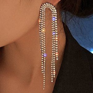 Strings Tassel Full Rhinestone Drop Earrings Elegant clear